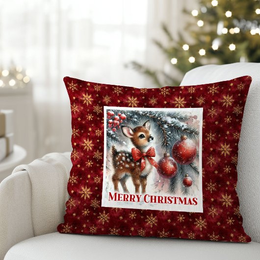 Calm Christmas scene baby fawn Christmas pillow  クッション