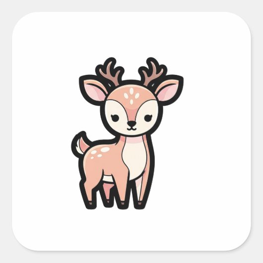 Calm Deer – Cute Kawaii Animal Illustration スクエアシール (正面)
