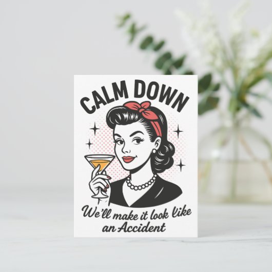 Calm Downレトロおもしろい引用文 シーズンポストカード (スタンド正面)
