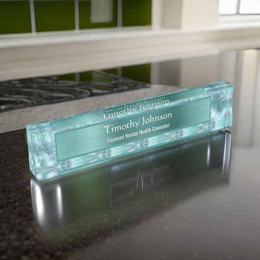 Calm Leafyティール（緑がかった色）きらめくChotherapIstカウンセラー デスクネームプレート