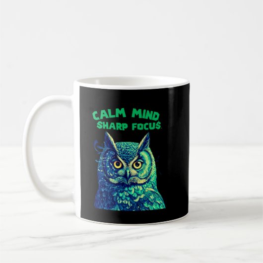 Calm Mind Sharp Focus Owl Mindfulness コーヒーマグカップ (左)