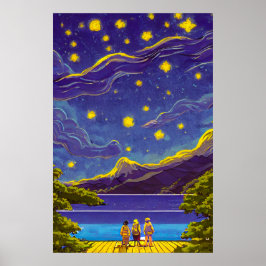 Calm Nightscape Sky, Stars, Lake 絵画レトロ ポスター