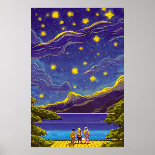 Calm Nightscape Sky, Stars, Lake 絵画レトロ ポスター (正面)