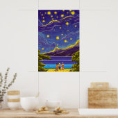 Calm Nightscape Sky, Stars, Lake 絵画レトロ ポスター (キッチン)