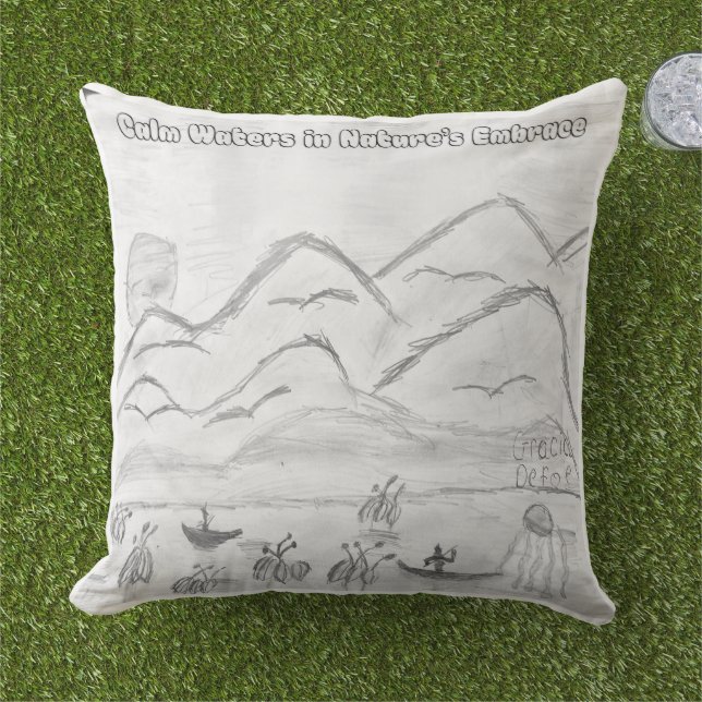 'Calm Waters in  Nature's Embrace' Throw Pillow アウトドアクッション (芝生)