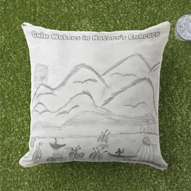 'Calm Waters in  Nature's Embrace' Throw Pillow アウトドアクッション (芝生)