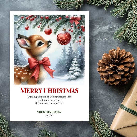 Calming Snowy Fawn Watercolor Christmas Greeting  シーズンカード
