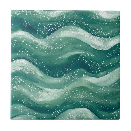 Calming Teal Watercolor Ocean Wave Art タイル (正面)