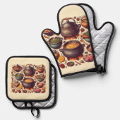 CAMADOのデザイン付きLuxe Silver Oven Mitt 鍋つかみ&鍋敷きセット (正面/裏面)
