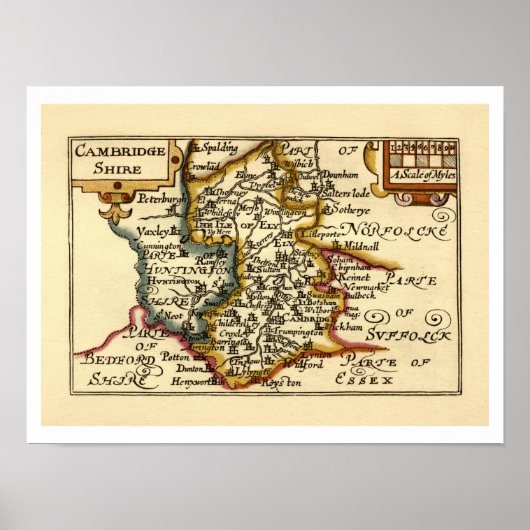 Cambridgeshire County England旧古古物地図 ポスター (正面)