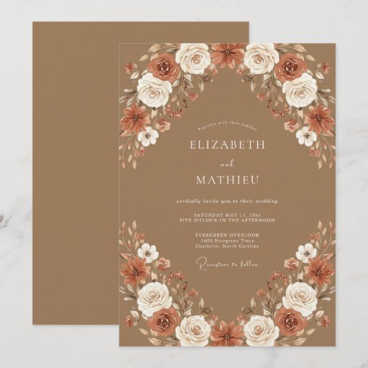 Camel Boho Floral Autumn Wedding 招待状 (正面/裏面)