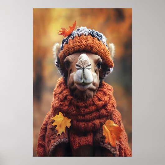 Camel in Fall Clothes Art Print, Cozy Autumn ポスター (正面)