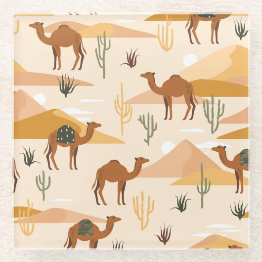 Camels Dunes Cacti:砂漠のシームレス ガラスコースター (正面)