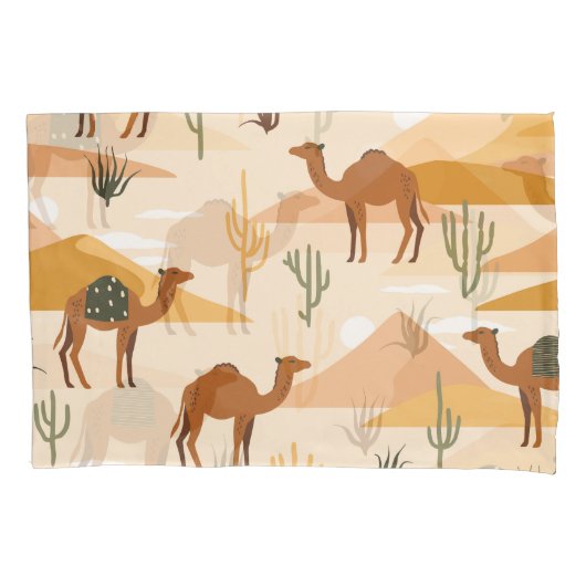 Camels Dunes Cacti:砂漠のシームレス 枕カバー (正面)