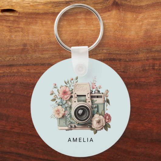 Camera with Flowers Retro Pastel キーホルダー (裏面)