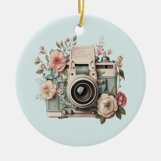 Camera with Flowers Retro Pastel セラミックオーナメント (正面)
