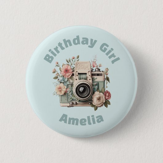 Camera with Flowers Retro Pastel Birthday Girl 缶バッジ (正面)