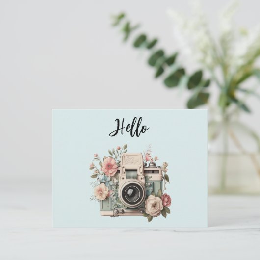 Camera with Flowers Retro Pastel Hello ポストカード (スタンド正面)