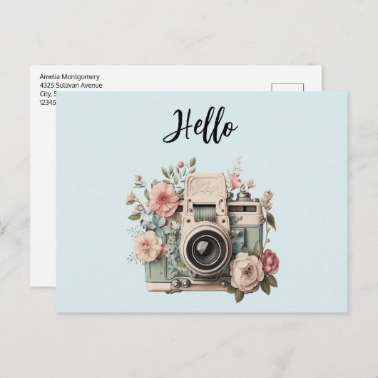 Camera with Flowers Retro Pastel Hello ポストカード (正面/裏面)