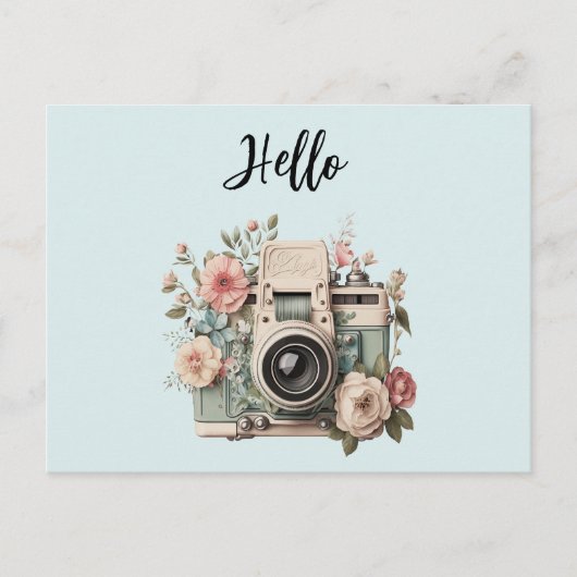 Camera with Flowers Retro Pastel Hello ポストカード (正面)