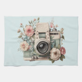 Camera with Flowers Retro Pastel Image キッチンタオル (横)