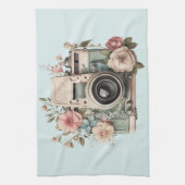 Camera with Flowers Retro Pastel Image キッチンタオル (縦)