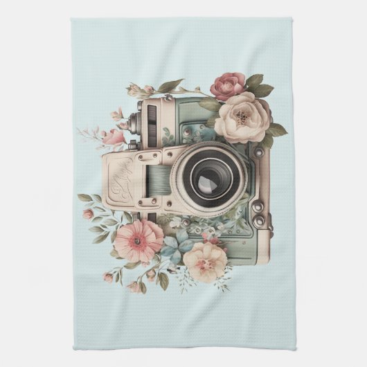 Camera with Flowers Retro Pastel Image キッチンタオル (縦)