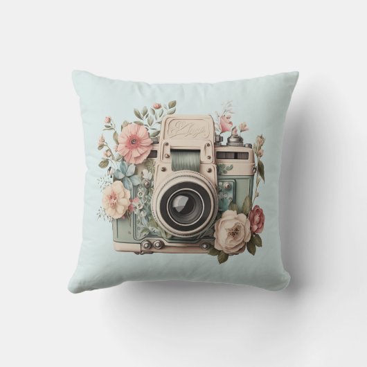 Camera with Flowers Retro Pastel Image クッション (裏面)