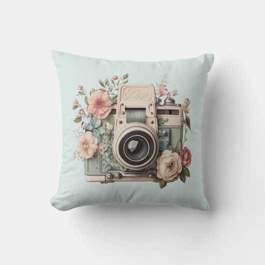 Camera with Flowers Retro Pastel Image クッション (正面)