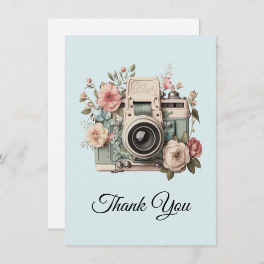 Camera with Flowers Retro Pastel Image サンキューカード (正面/裏面)