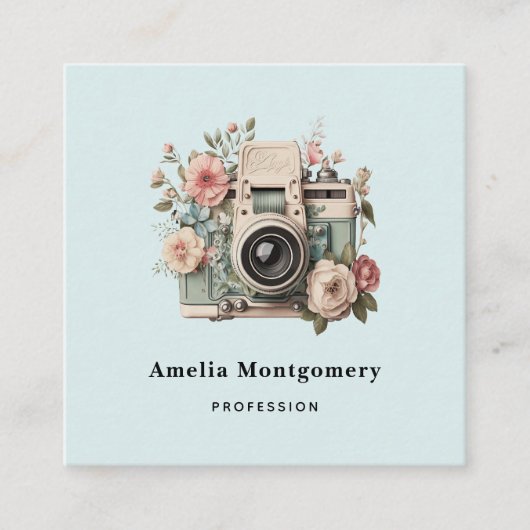 Camera with Flowers Retro Pastel Image スクエア名刺 (正面)