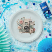 Camera with Flowers Retro Pastel Image ペーパープレート (パーティー)