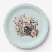 Camera with Flowers Retro Pastel Image ペーパープレート (正面)