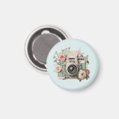 Camera with Flowers Retro Pastel Image マグネット (正面/裏面)