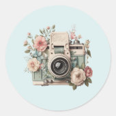 Camera with Flowers Retro Pastel Image ラウンドシール (正面)