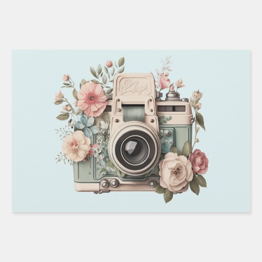 Camera with Flowers Retro Pastel Image ラッピングペーパーシート (正面)