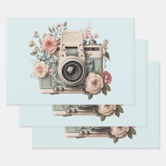Camera with Flowers Retro Pastel Image ラッピングペーパーシート (セット)
