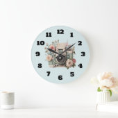 Camera with Flowers Retro Pastel Image ラージ壁時計 (ホーム)