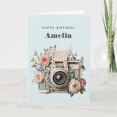 Camera with Flowers Retro Pastel Image Birthday カード (正面)