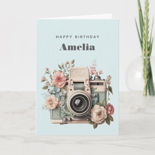 Camera with Flowers Retro Pastel Image Birthday カード (正面)