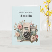 Camera with Flowers Retro Pastel Image Birthday カード (黄色い花)