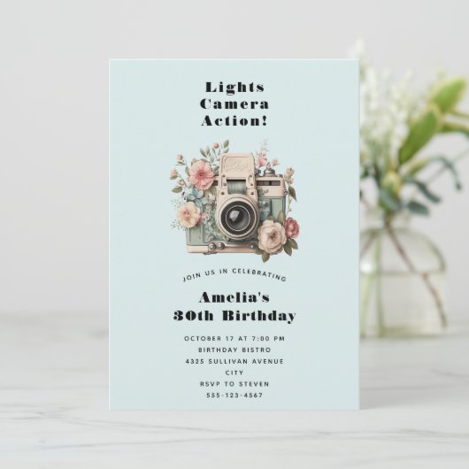  Camera with Flowers Retro Pastel Image Birthday 招待状 (スタンド正面)