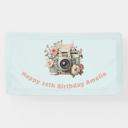 Camera with Flowers Retro Pastel Image Birthday 横断幕 (横)