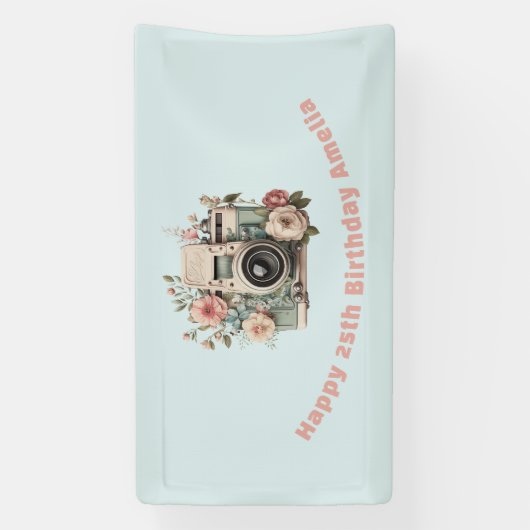 Camera with Flowers Retro Pastel Image Birthday 横断幕 (縦)