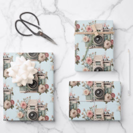 Camera with Flowers Retro Pastel Image Pattern ラッピングペーパーシート