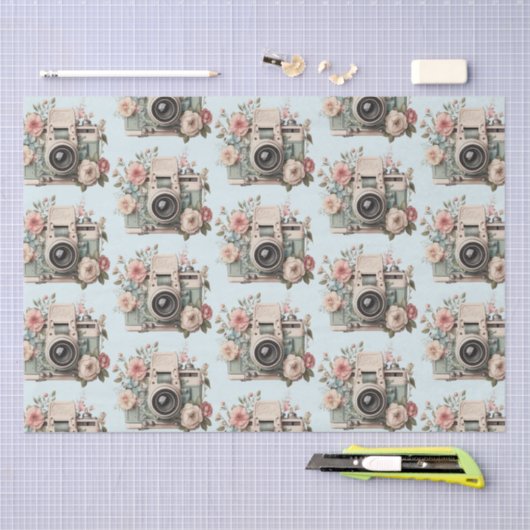 Camera with Flowers Retro Pastel Image Pattern 薄葉紙 (クラフト)