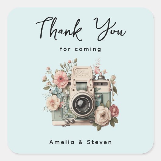 Camera with Flowers Retro Pastel Wedding Thank You スクエアシール (正面)