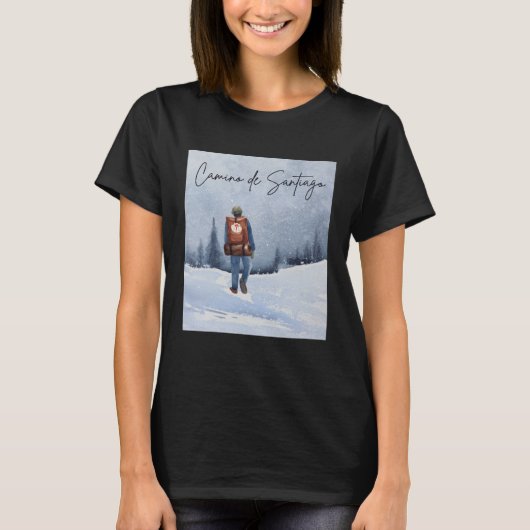 Camino de Santiago Winter Snow Pilgrim Scallop She Tシャツ (正面)
