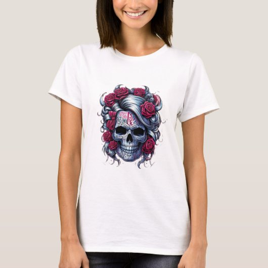 Camiseta blanca de calavera con flores rojas tシャツ (正面)