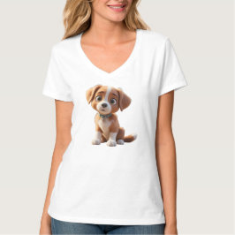 Camiseta Feminina Básica Cão Gola em V 3D Tシャツ